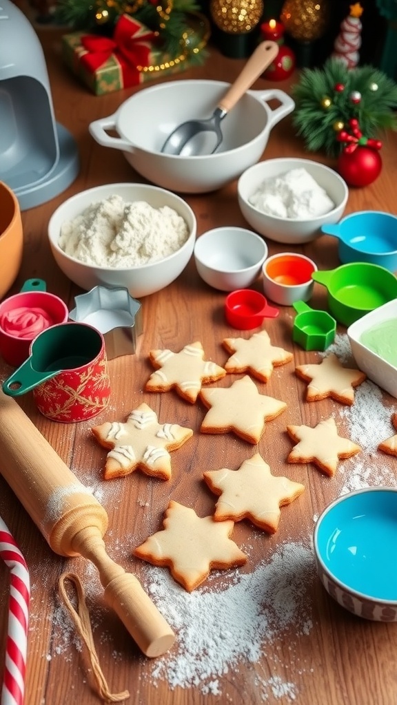 A cozy Christmas baking scene with tools and freshly baked cookies on a wooden table.